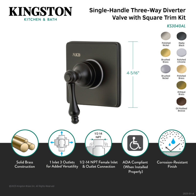 Kingston Brass Single-Handle Wall Mount Three-Way Diverter Valve with Trim Kit, Brushed Nickel