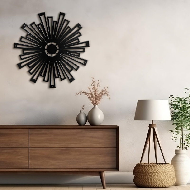 Décoration murale géométrique abstraite moderne géométrique Sunburst, H 36 po x l 36 po x P 0,05 po, Noir