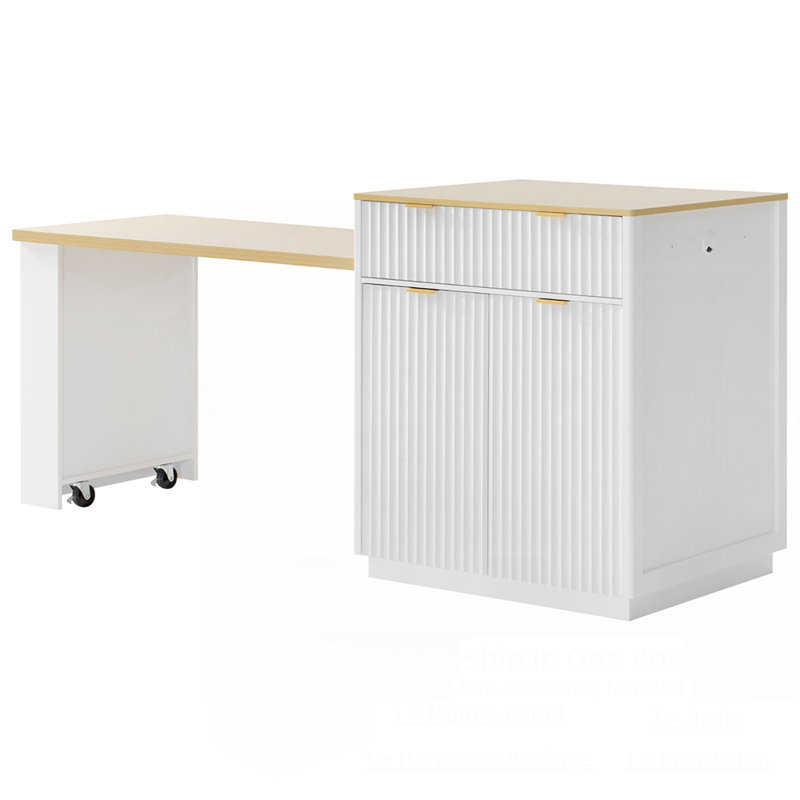 Îlot de cuisine cannelé avec table de salle à manger extensible pour 4 à 6 personnes, table d'îlot avec prise de courant et rangement double, 2 tiroirs et 2 tablettes ouvertes latérales