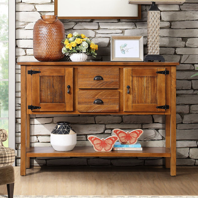 48'' Retro Solid Wood Kitchen Table, 2 Drawers And Cabinets, Stable - Brown Console Design, Elegant, Brown
