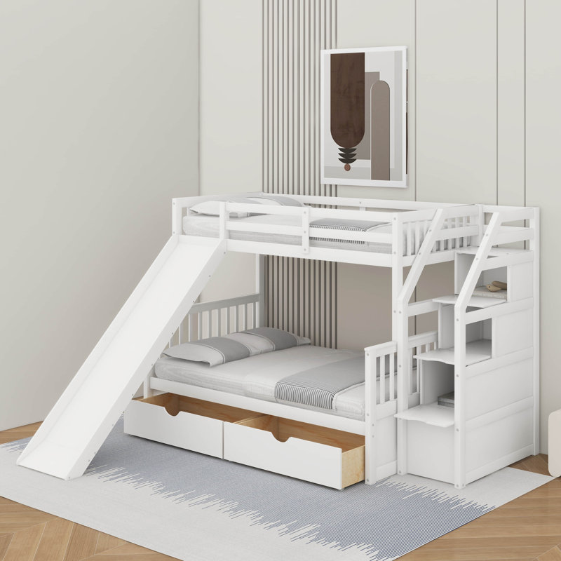 Twin Over Full Bunk Bed With Drawers, White