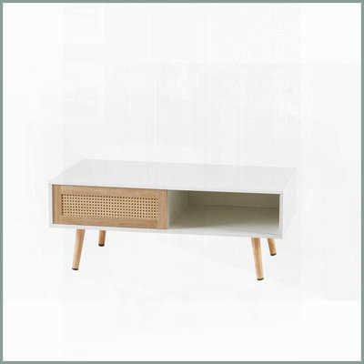Table basse en rotin blanc avec pieds en bois massif Rangement coulissant, facile à nettoyer pour le salon