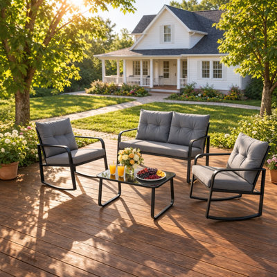 Gizoon 4-Piece Outdoor Conversation Set with Loveseat, 2 Rocking Chairs and Glass Coffee Table