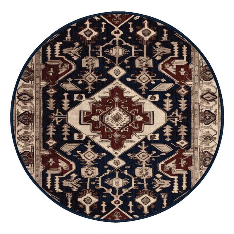 Tapis persan noir lavable à la machine, Rond 8 pi