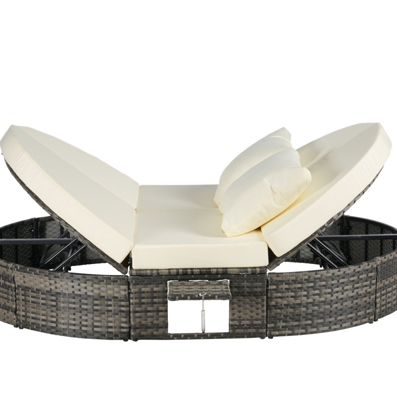 Outdoor Patio Round Daybed With Adjustable Backrests And Foldable Cup Trays For Ultimate Relaxation, Beige