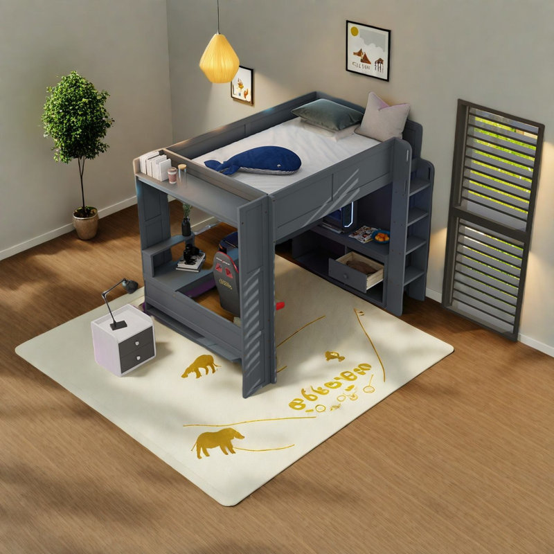 Lit multifonctionnel en bois compact avec bureau, rangement et DEL, gris foncé moderne