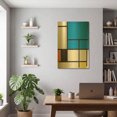 «Composition with Large Blue Plane, Red, Black, Yellow, and Gray», art mural en métal doré par Piet Mondrian, 24 po x 36 po