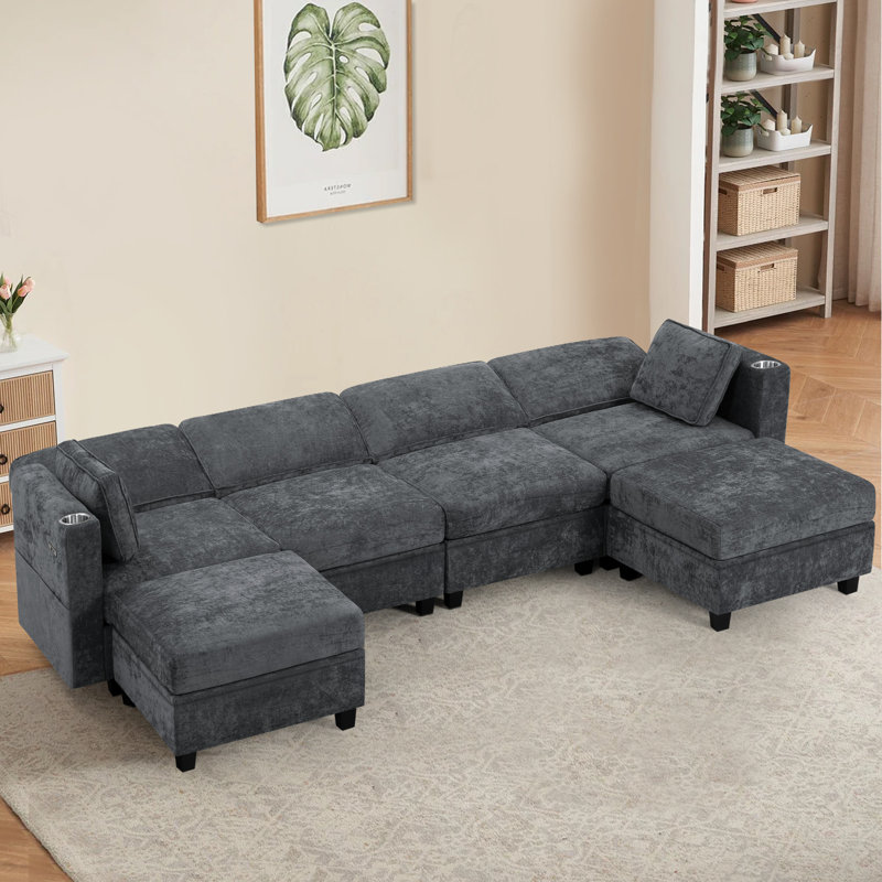 Canapé modulaire en U de 110 po avec dossiers réglables, canapé modulaire à 6 places avec grand espace de rangement, canapé rembourré en chenille avec port USB et porte-gobelets pour le salon, la chambre à coucher