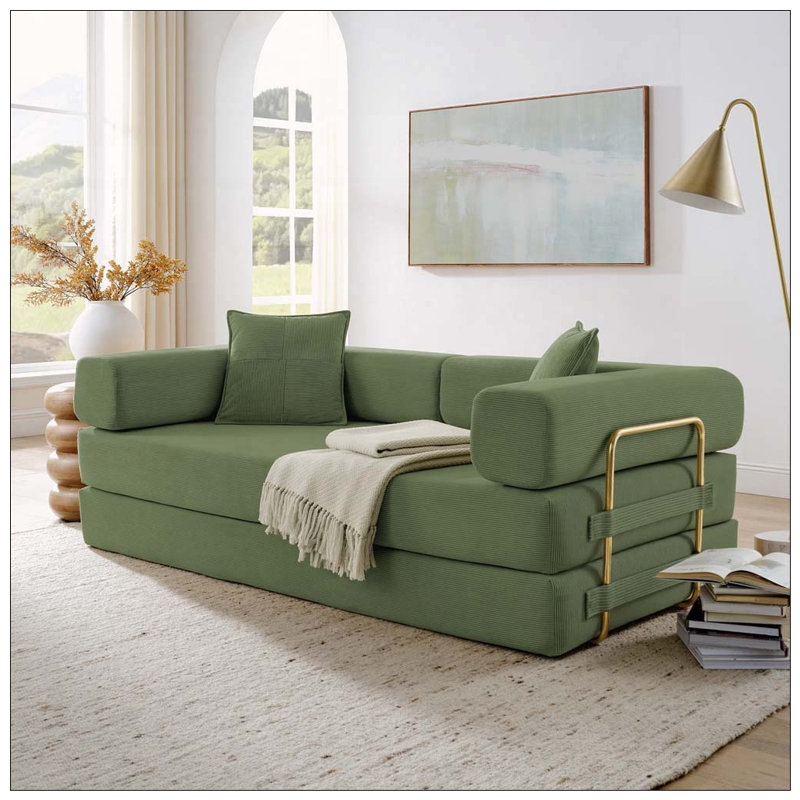 Canapé-lit modulaire en velours côtelé avec accoudoirs mobiles et sans assemblage, Green Corduroy, Green