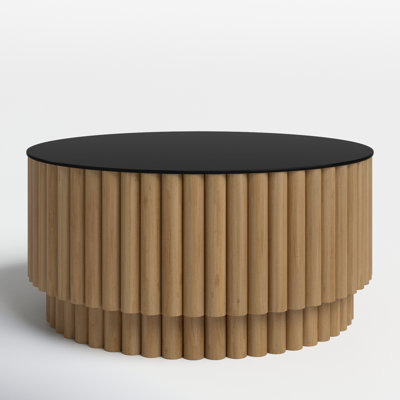 Fluted Barrel Coffee Table - Natural Pine Base - Black Glass Top