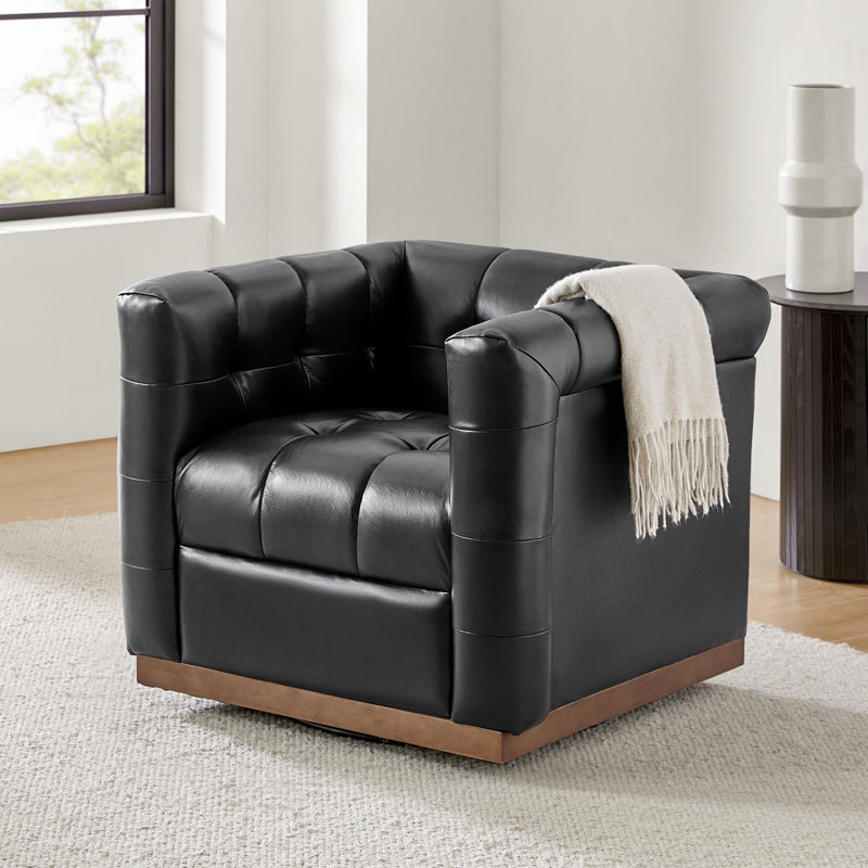 Sonika Genuine Leather Square Swivel Barrel Club Chair with Solid Wood Frame, Black