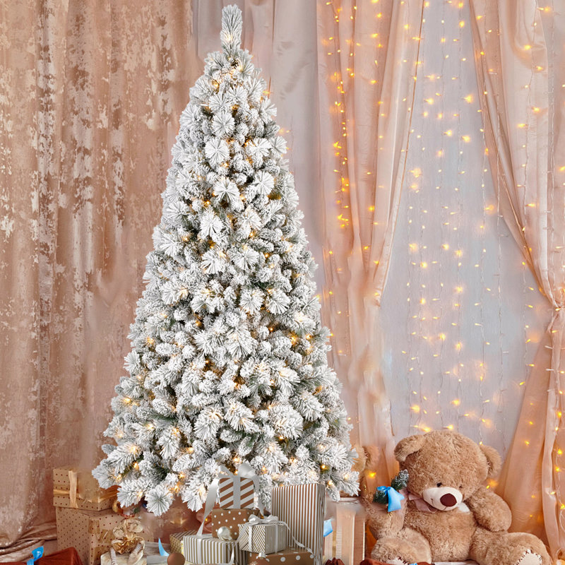 Arbre de Noël enneigé 6 pi avec 350 lumières DEL blanc chaud - 752 pointes, PVC enneigé et branches à aiguille dure, conception à charnières pour une installation facile, support en métal robuste