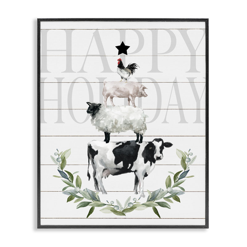 «Happy Holiday Farm Animals», estampe numérique par Carol Robinson, Giclée encadrée noir minuit, H 20 po x l 16 po