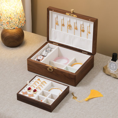  Boîte à bijoux en bois de noyer noir avec serrure et clé, organisateur à 2 couches pour boucles d'oreilles, bagues, colliers, bracelets, montres.
