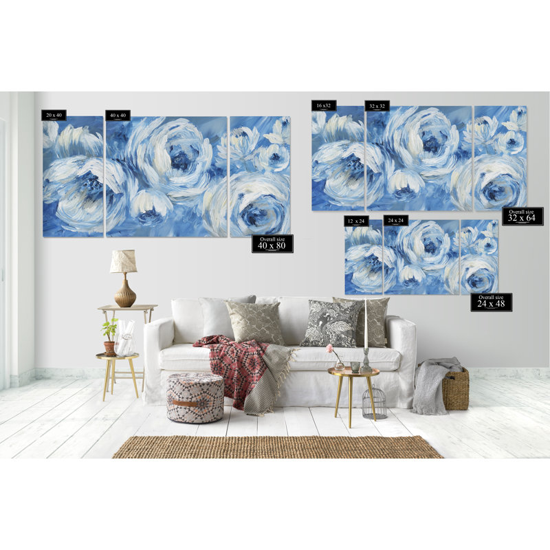 Contemporain bleu et blanc - reproduction d'art sur toile, H 32 po x l 64 po x P 1,5 po