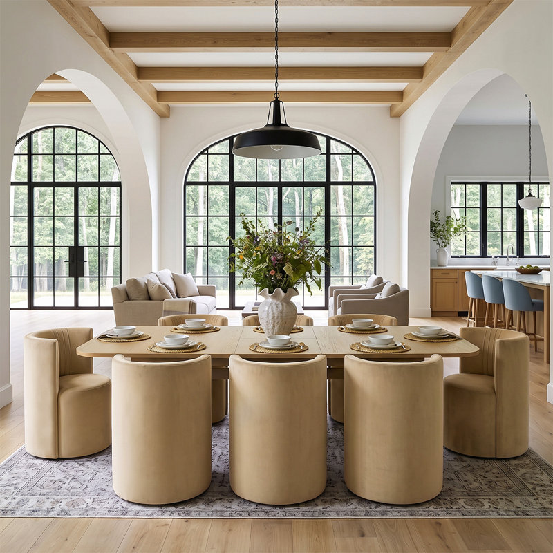 Ensemble de table de salle à manger extensible en placage de bois de 78 à 96 po avec 8 chaises en velours, Camel