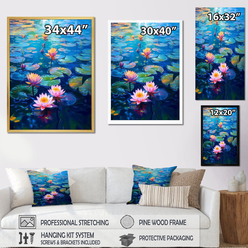 Water Lily Embrace sur toile, Cadre doré simple, H 44 po x l 34 po x P 1,5 po