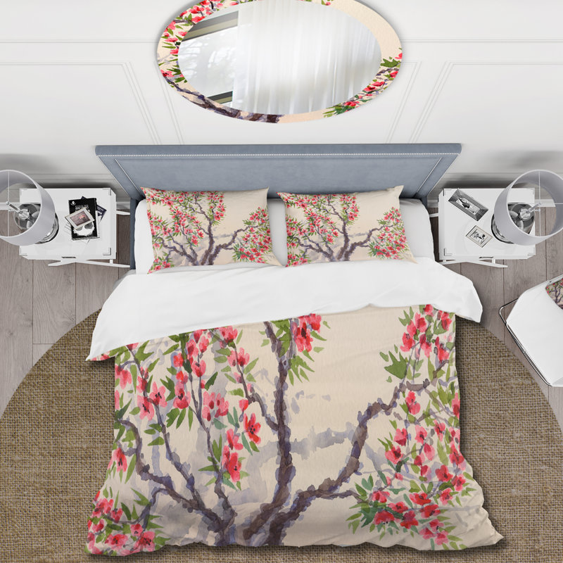 Fleurs rouges sur l'arbre Blossoming Tree I - Ensemble de housse de couette traditionnel - Polyester en microfibre