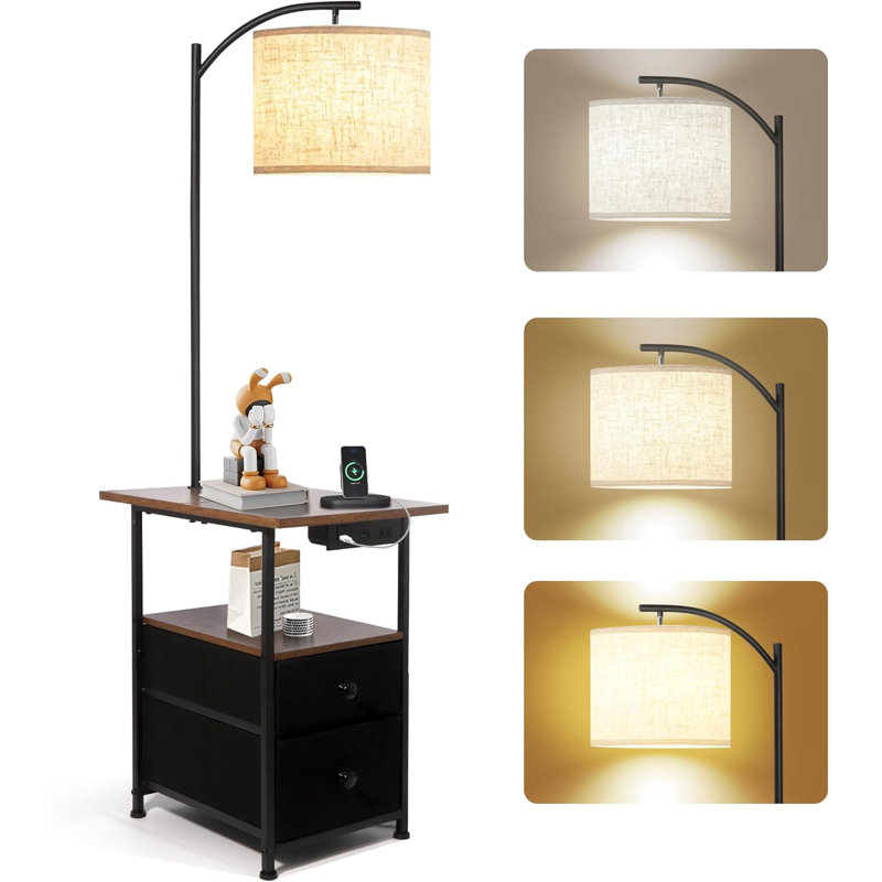 Floor Lamp With Table & 2 Drawers End Table With 3 Colour Temperature Reading Light Side Table Lamp With USB & Type C & AC Charging Port