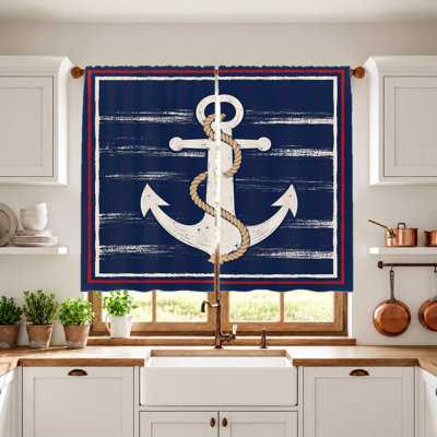 2Pcs Nautical Anchor Curtains, Light Filtering Fabric, Vintage Distressed Print, Sunshade and Privacy Protection Drapes, Rod Pocket Design, for Living Room, Bedroom, Balcony, Kitchen Home Decor
