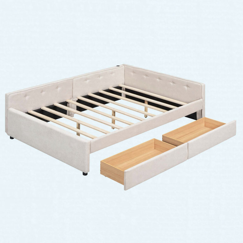 Modern Upholstered Platform Bed With USB Charging Ports And Two Convenient Storage Drawers, Ideal For Comfortable And Organized Bedrooms