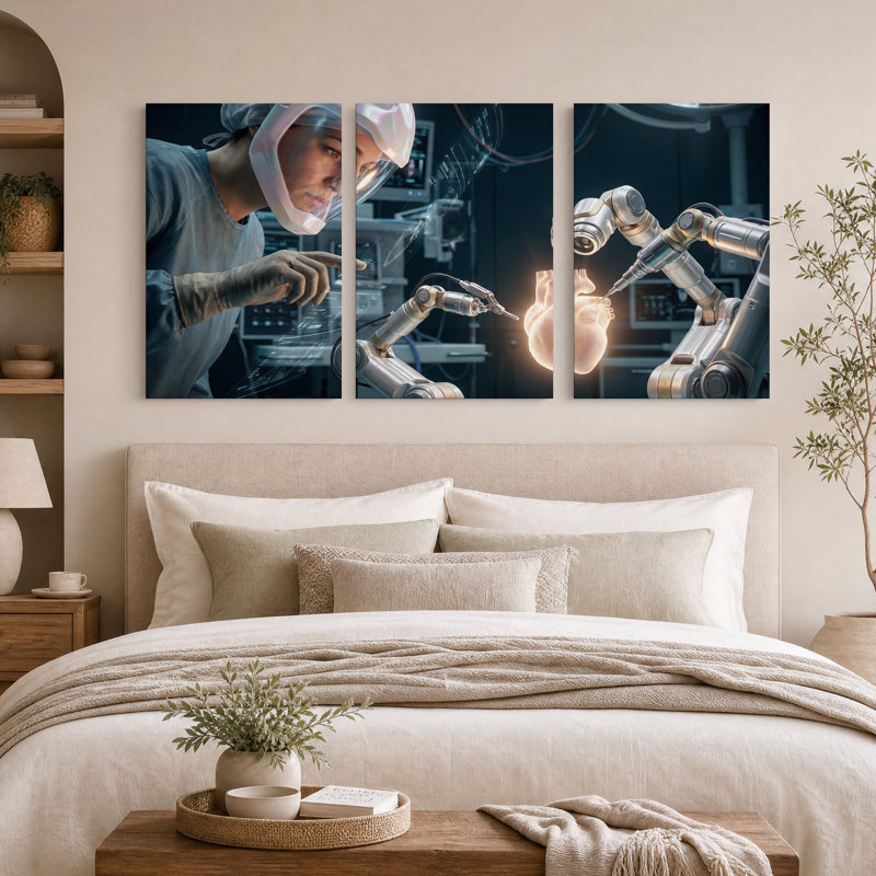 «Surgeon and Robotic Arms with Holographic Heart», ensemble de 3 toiles, H 18 po x l 12 po x 3 pièces