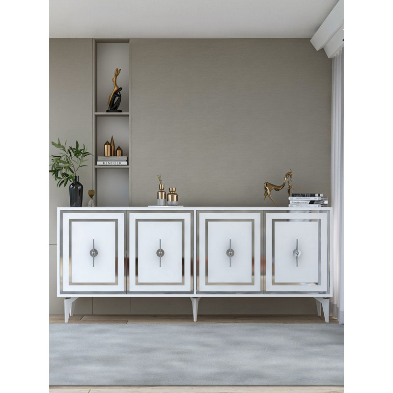 Buffet 4 portes avec détails rectangulaires dorés / argentés, Blanc / argenté