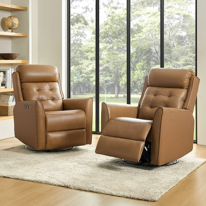 Fauteuil inclinable électrique pivotant en cuir véritable Creal avec ports USB (ensemble de 2), Chameau