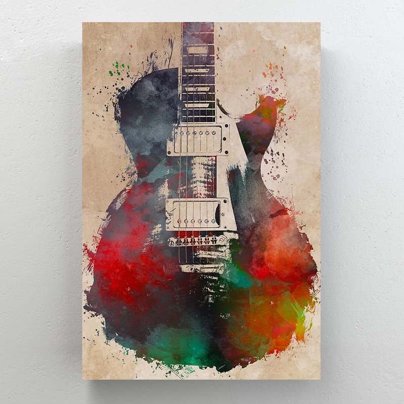 Guitare colorée sur fond brun, impression rectangulaire sur toile tendue 1 pièce, H 20 po x l 16 po x P 2 po