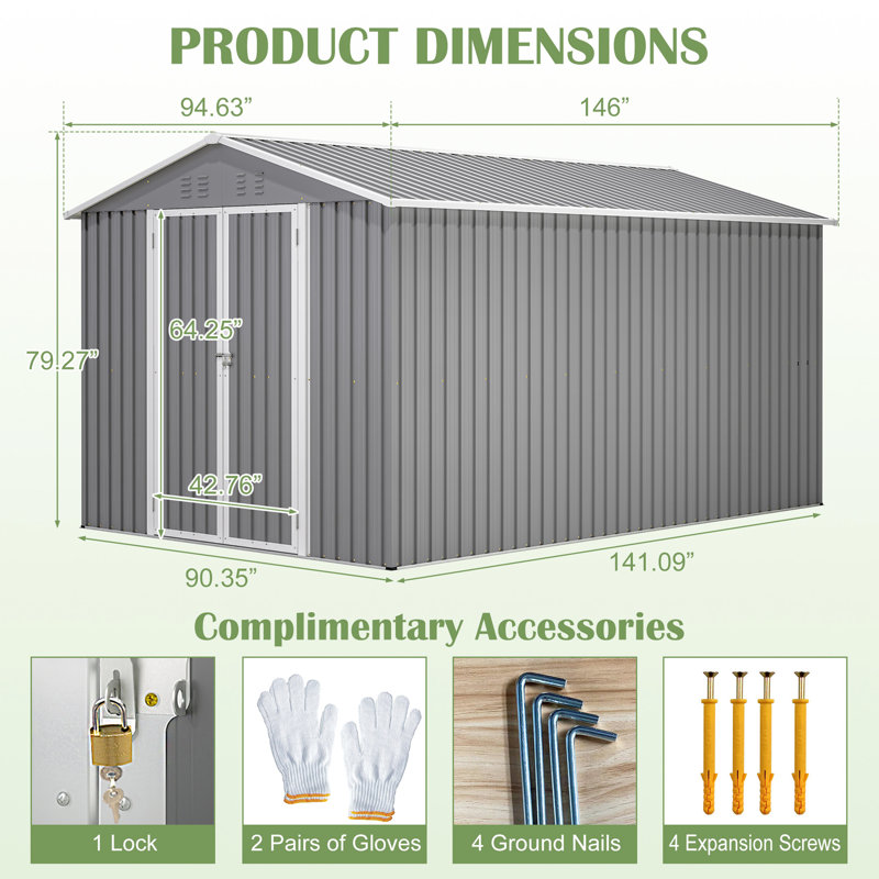 Outdoor Storage Shed 8 X 12 Ft - Large Metal Tool With Aluminium Frame, Lockable Double Doors, Ample Space For Backyard Garden Patio Lawn, Hassle- Installation And Quick Easy Setup