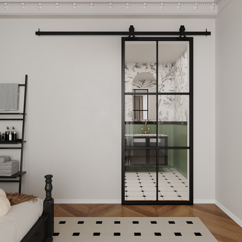 Porte de grange coulissante en aluminium noir, métal, verre clair, 6 carreaux, 91,4 cm x 213,4 cm (H), avec quincaillerie