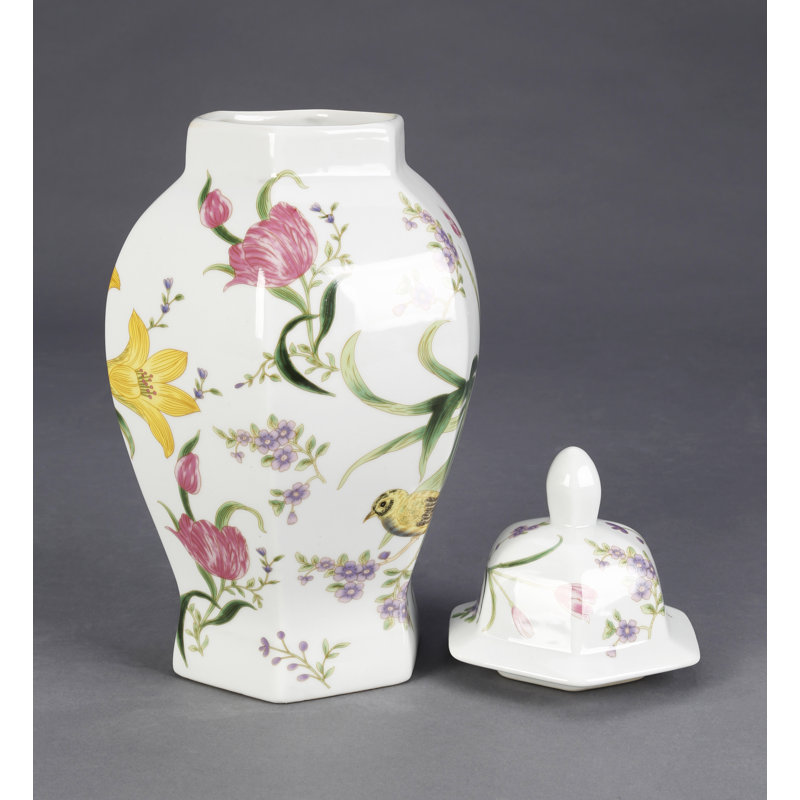 White Ceramic Floral and Bird Ginger Jar with Lid
