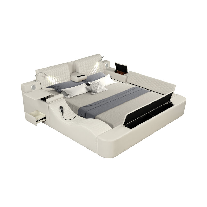 Lit masseur intelligent Smart en bois et similicuir, Beige, Grand lit