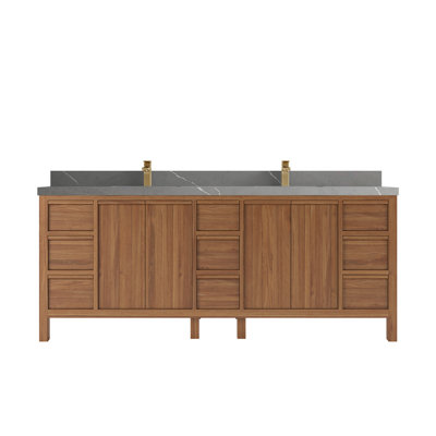 Pacorro 84 In. W X 22 In. D Double Sink Bathroom Vanity In Dark Natural With 2 In.