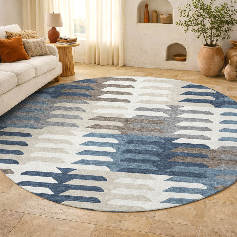 Premium Machine Washable Mayfield AMF2328 Geometric Rug, Denim, 8' Round