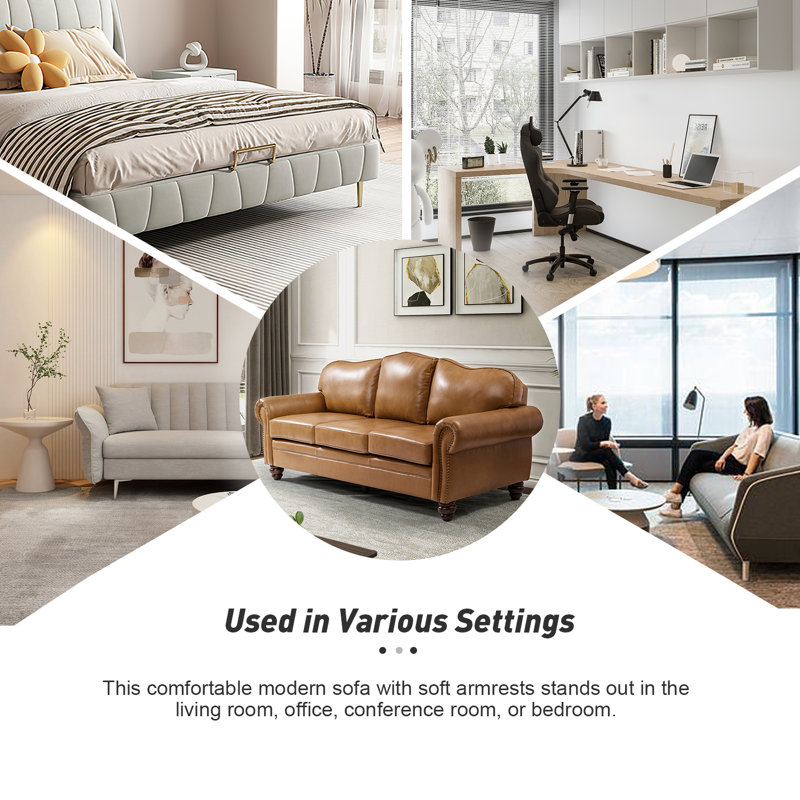 Damore 81'' Wide Genuine Leather Sofa, Camel Genuine Leather