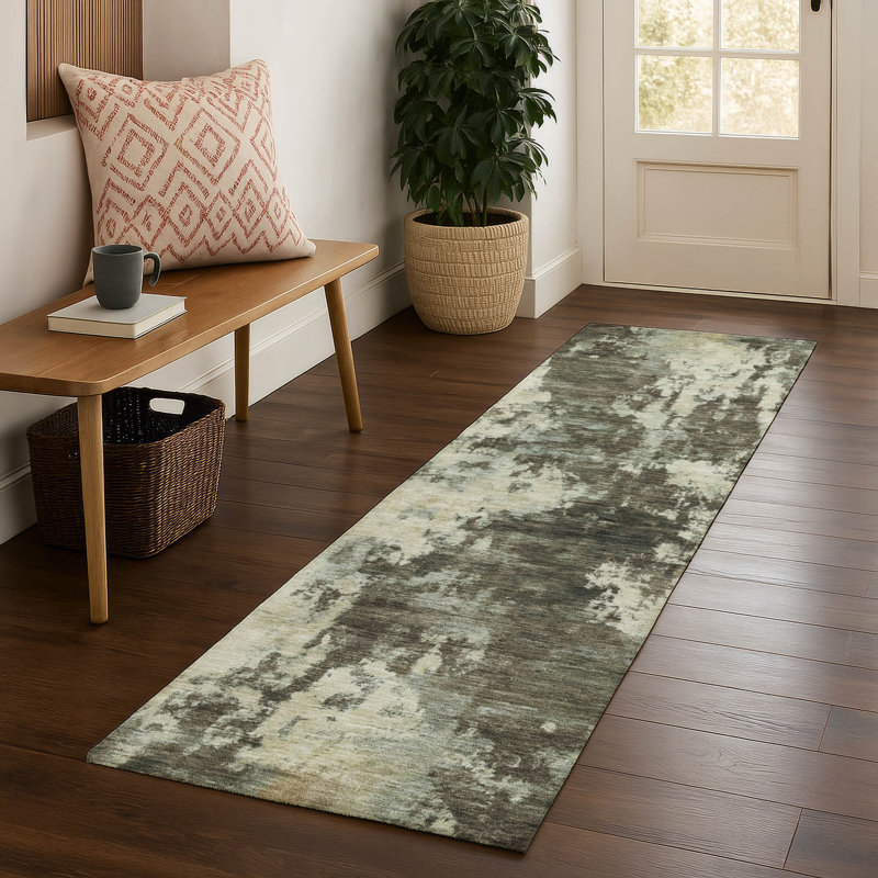 Premium Machine Washable Mayfield AMF2066 Abstract Rug, 2'3" x 7'6" Runner, Brown