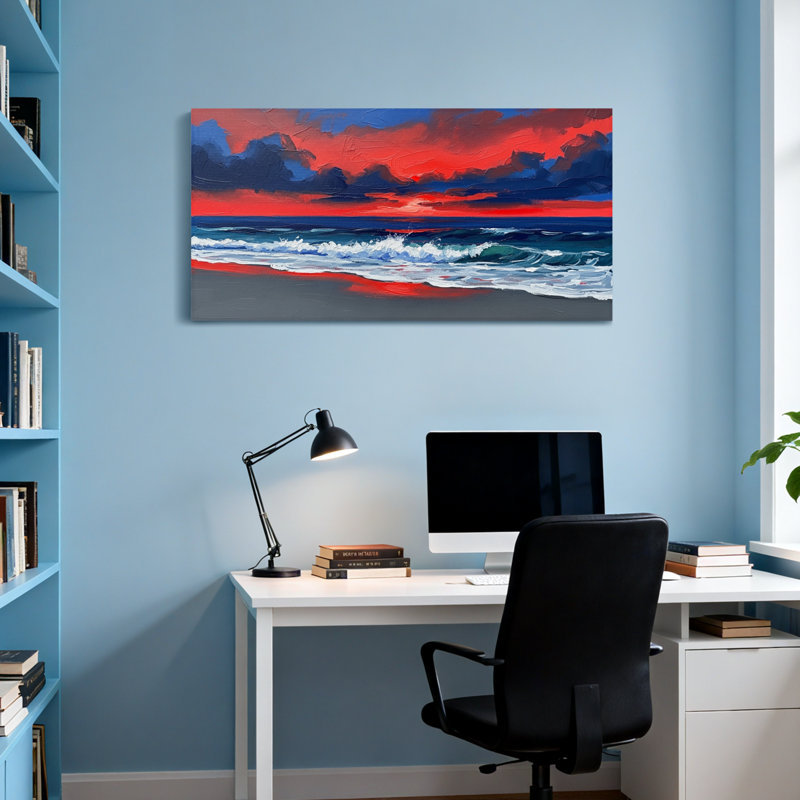 Nautique et plage, coucher de soleil vibrant, vagues océan, ciel, art sur toile, H 24 po x l 48 po