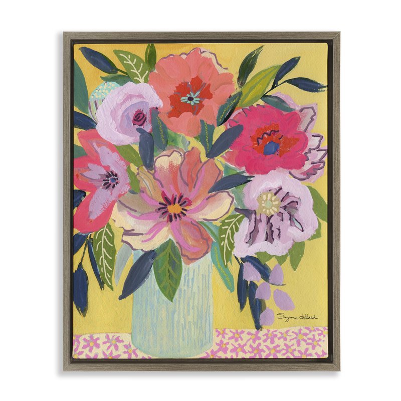 Bouquet rose vif sur cadre flottant jaune, design par Suzanne Allard, H 21 po x l 17 po, Cadre flottant orme Montalcino