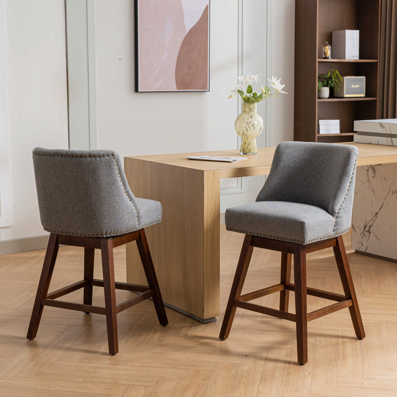 Counter Height Swivel Barstools, 26'' H Seat Height Upholstered Bar Stools Set Of 2, Fabric, Gray