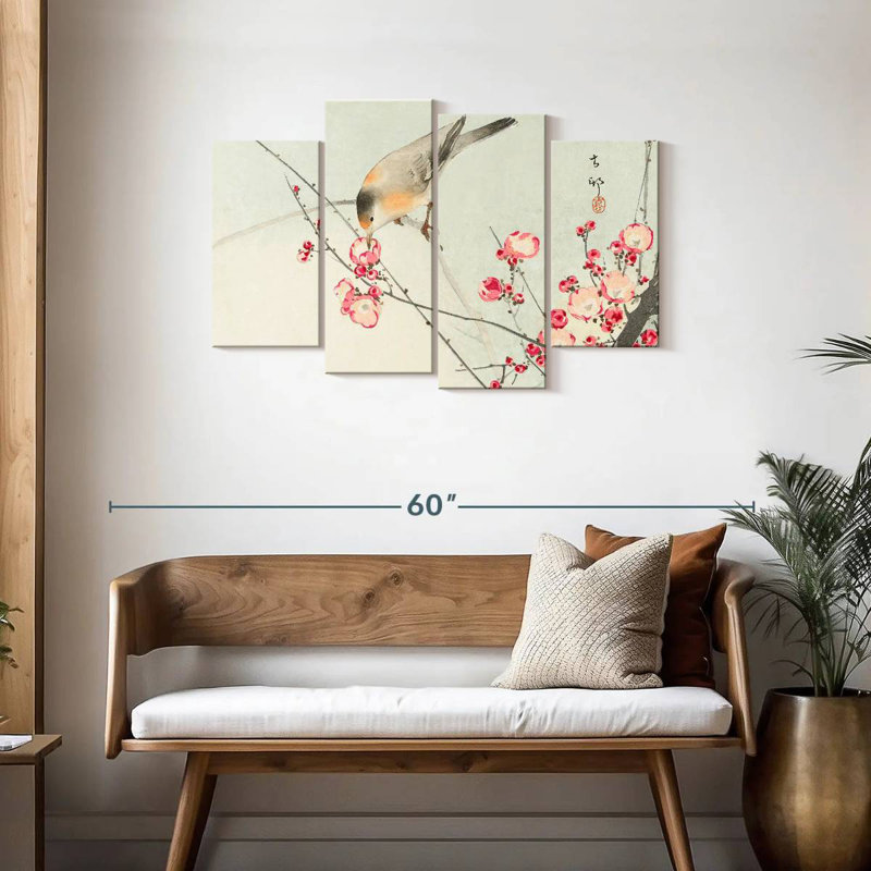 Oiseau chanteur sur une branche en fleurs, H 27 po x l 43 po