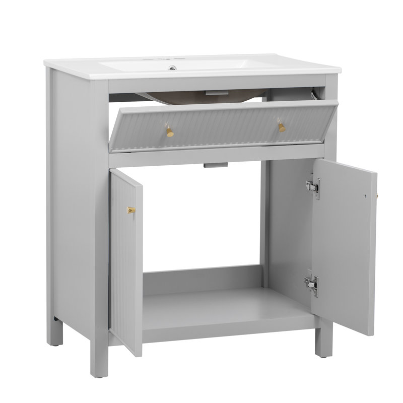Meuble-lavabo de 30 po avec lavabo en céramique de style moderne, ton gris, bois massif et rangement dissimulé, moderne, gris, construction, planches, espace