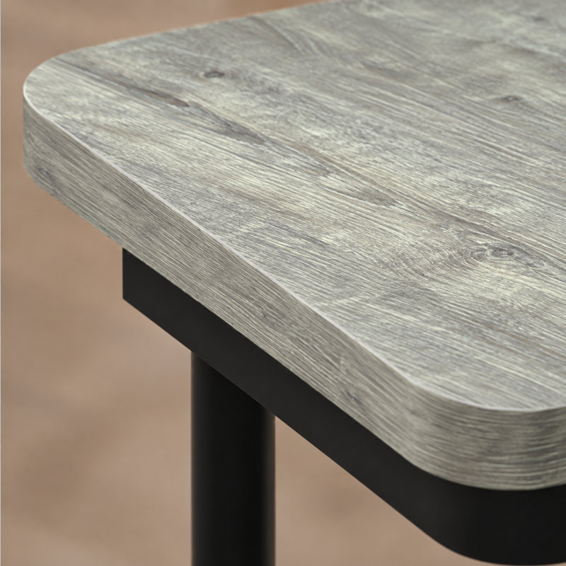 Table de bout en forme de C, plateau d'aspect bois, tablette de rangement en acier