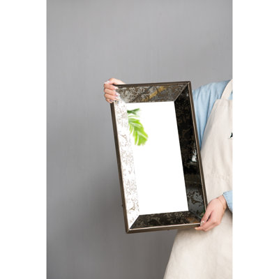 Antique Silver Floral Adorned 24" X 15" Mirror, Mirrored Tray For Home & Wall Decoration Rectangle Mirror With Elegance, Hanging