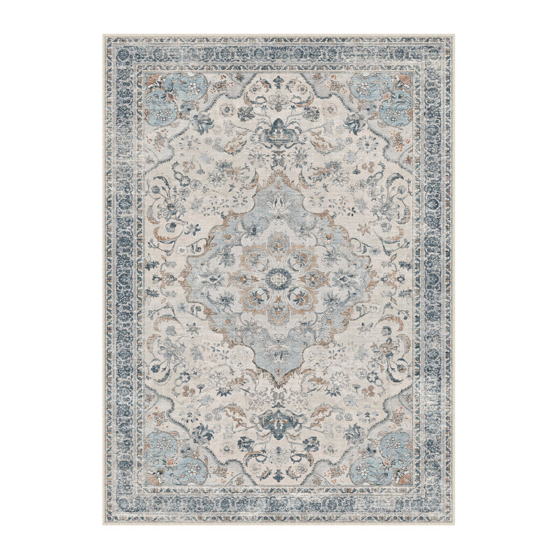 Eleanor Vintage Oriental Washable Area Rug With Non-Slip Backing, Rectangle 6' x 9', Blue