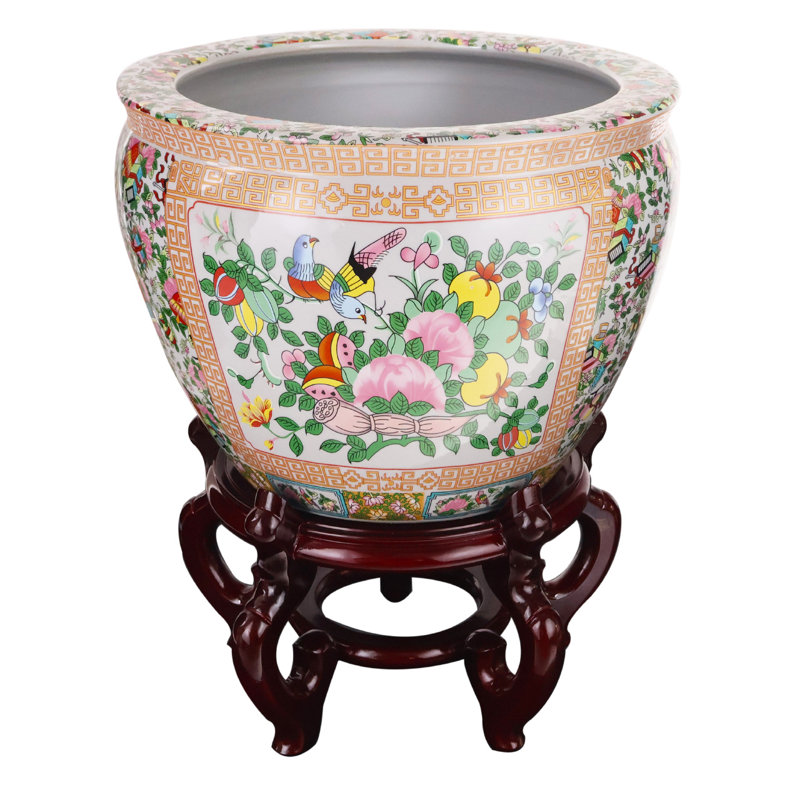 Floral Asian Design Cachepot Planter with Rose Medallion Painting, 14" H x 14" W x 9" D