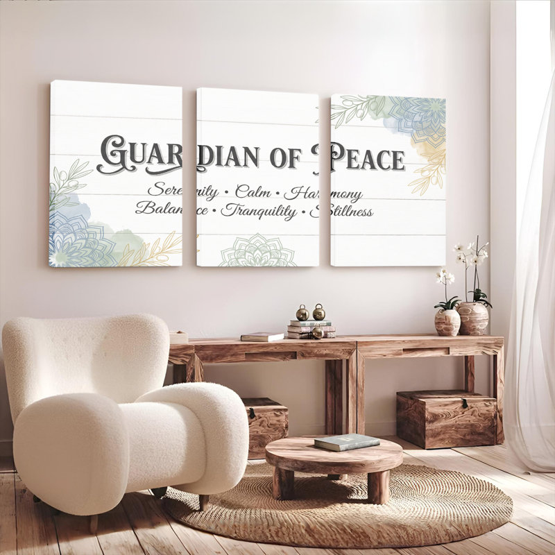 Ensemble de 3 tableaux muraux Mandala floral Gardien de la Paix sur toile tendue, pour salon, chambre ou espace de méditation.