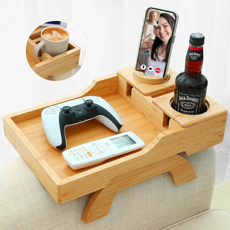 Plateau multifonctionnel avec accoudoirs pliables pour canapé avec support pour téléphone et tablette pivotant à 360 °, plateau télé en bambou naturel pour manger, boire et se divertir