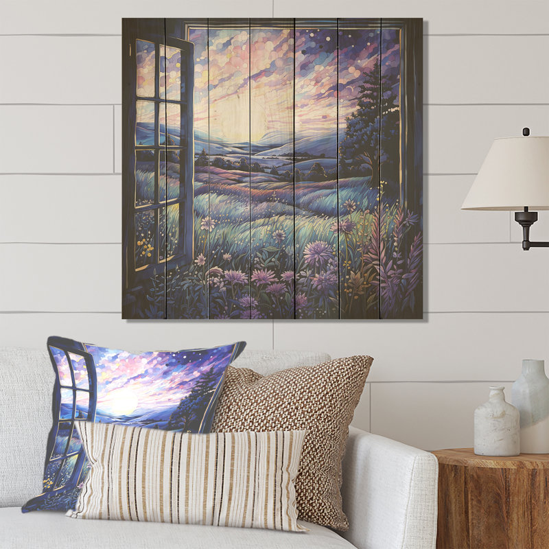 Lavande Horizon Country Side Windows IV - Fenêtres de ferme sur impression sur bois, H 25 po x l 25 po