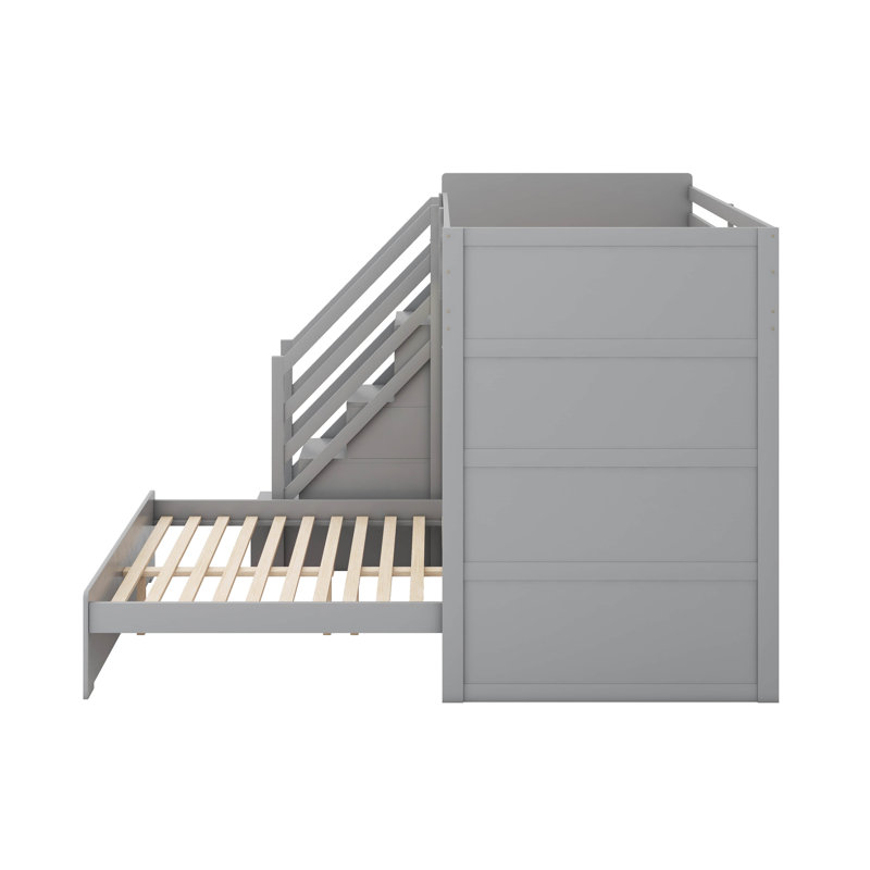 Lit superposé avec escalier, lit superposé en bois avec tablettes de rangement, garde-robe, port USB, station de charge et lumière